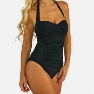 La Blanca Samba Sweetheart Black Halter Tie Ruched One Piece Swimsuit size 4